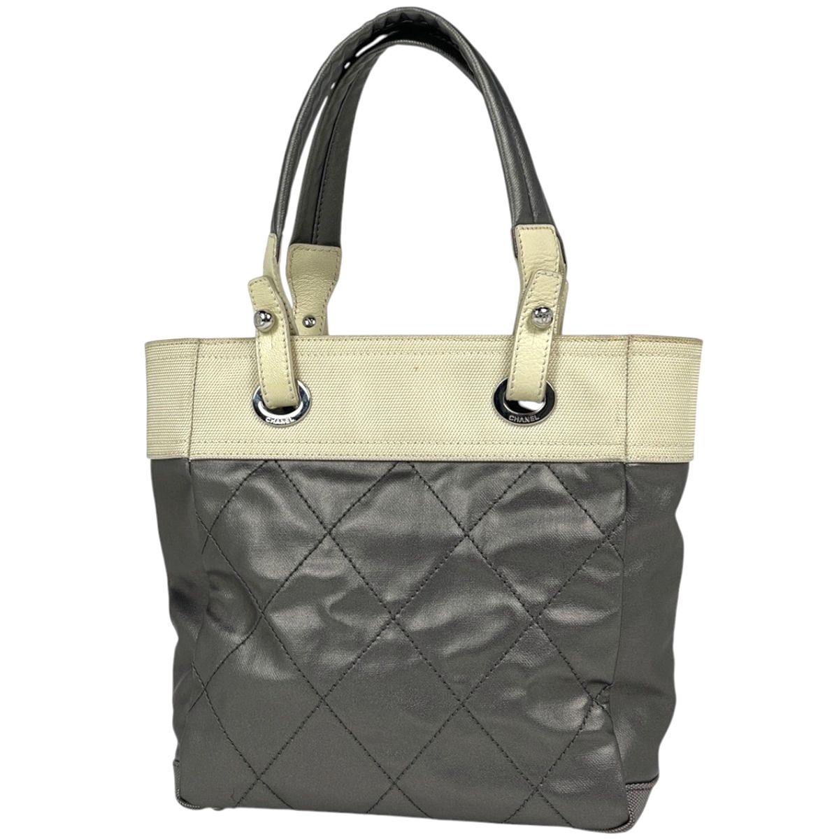 Chanel Tote Bag Paris Biarritz PM CC Logo Handle Gray Ivory