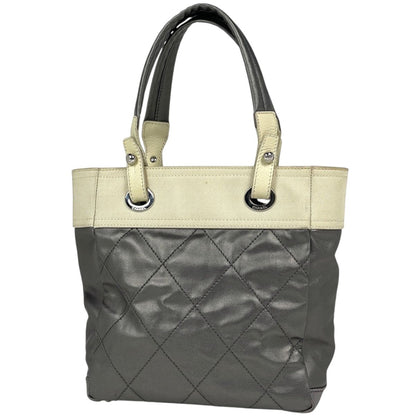 Chanel Tote Bag Paris Biarritz PM CC Logo Handle Gray Ivory