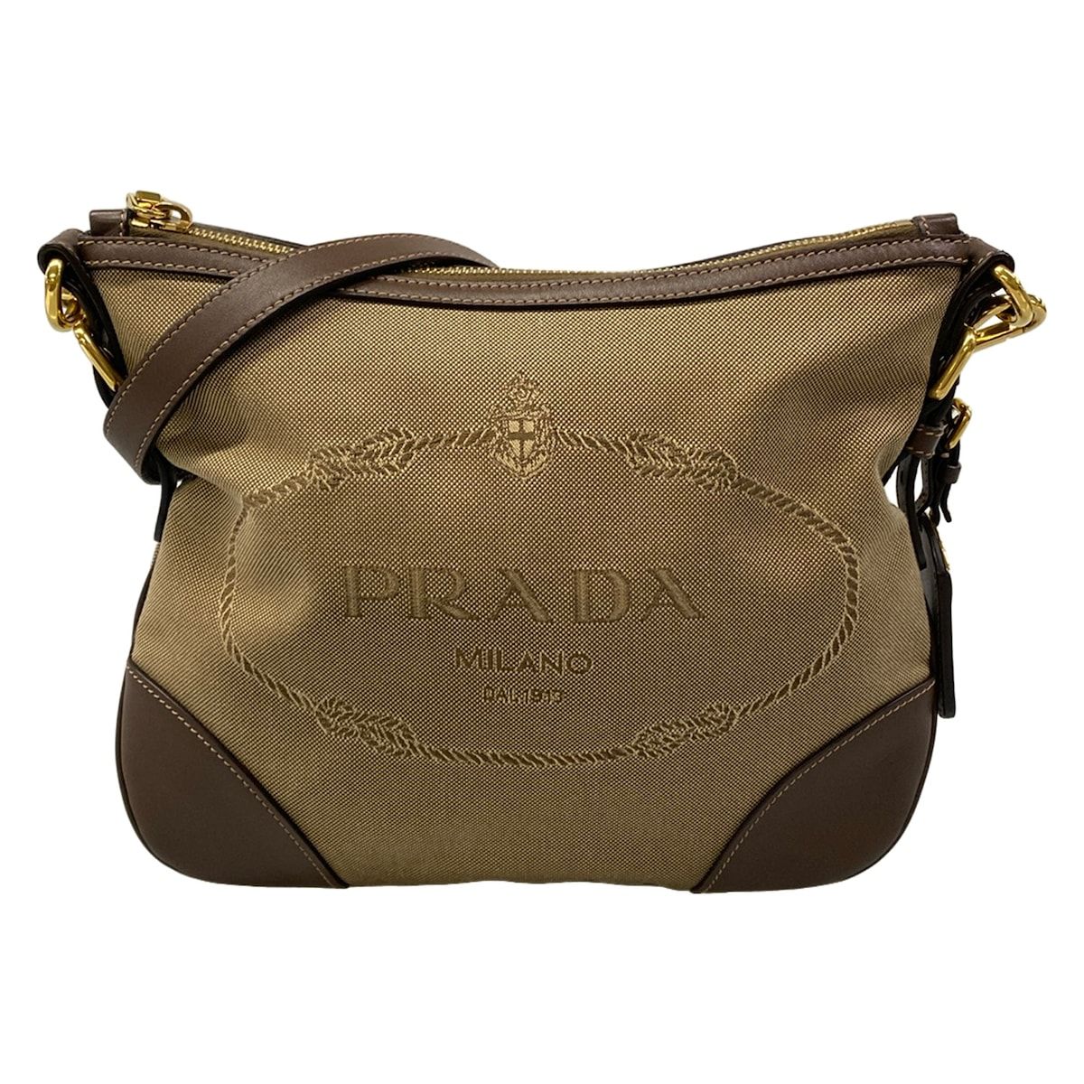 Prada Shoulder Bag Logo Jacquard Beige Dark Brown Leather