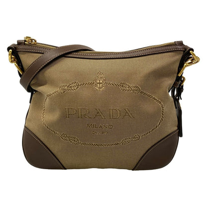 Prada Shoulder Bag Logo Jacquard Beige Dark Brown Leather