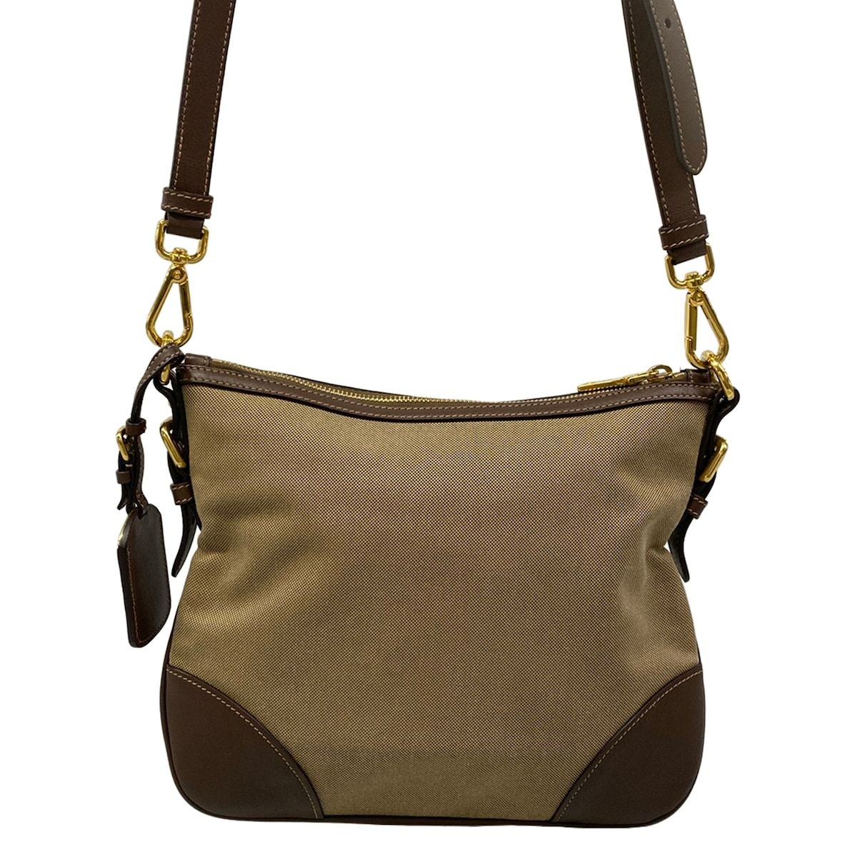 Prada Shoulder Bag Logo Jacquard Beige Dark Brown Leather — view 3