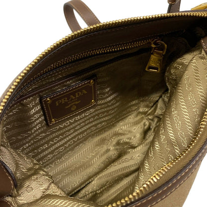 Prada Shoulder Bag Logo Jacquard Beige Dark Brown Leather — view 7