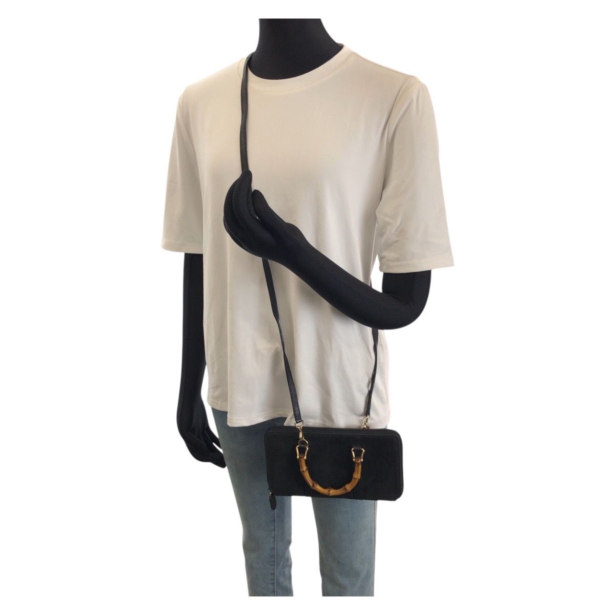 Gucci Vintage Bamboo 2-Way Black Gold Suede Leather Wallet on Chain Shoulder Bag — view 8