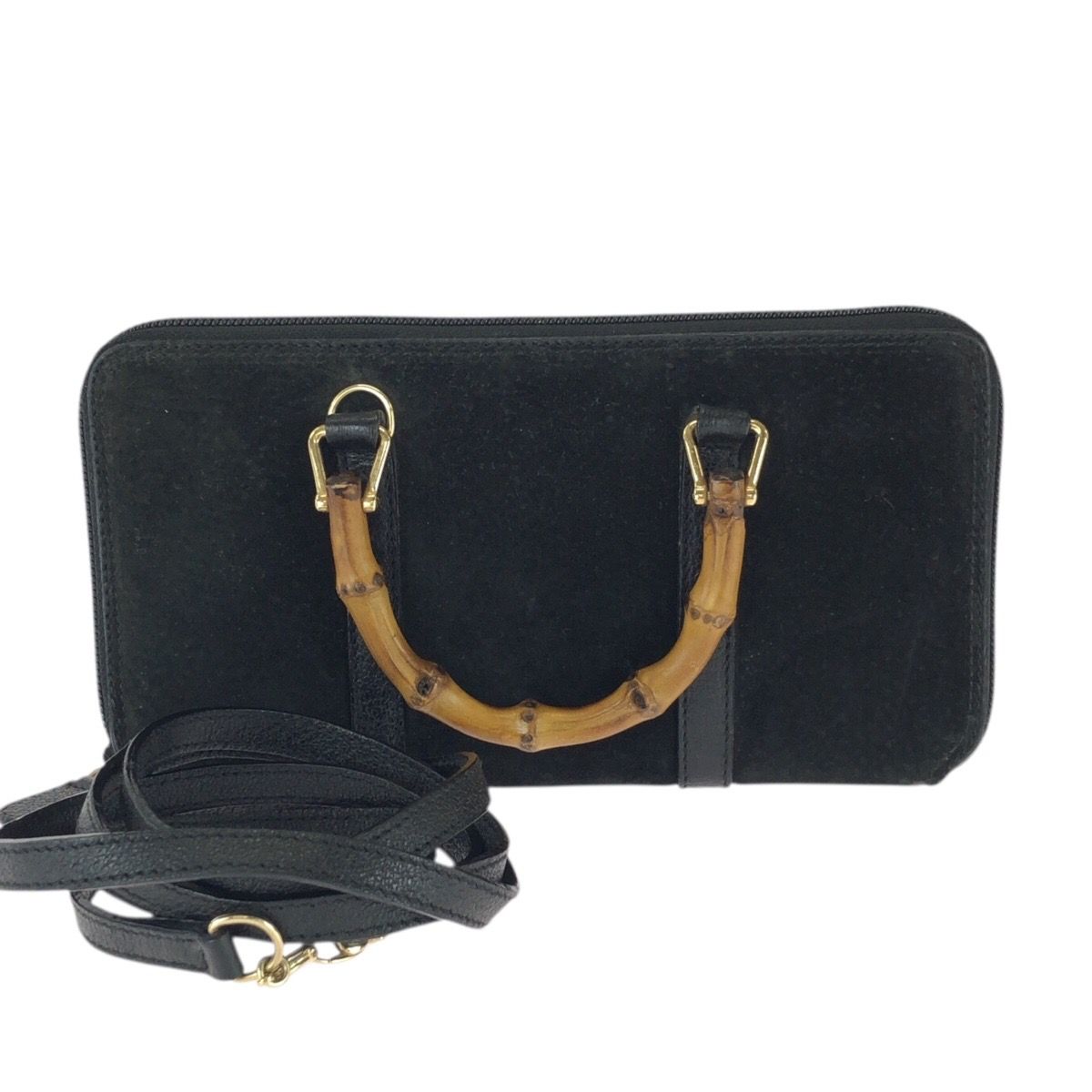 Gucci Vintage Bamboo 2-Way Black Gold Suede Leather Wallet on Chain Shoulder Bag