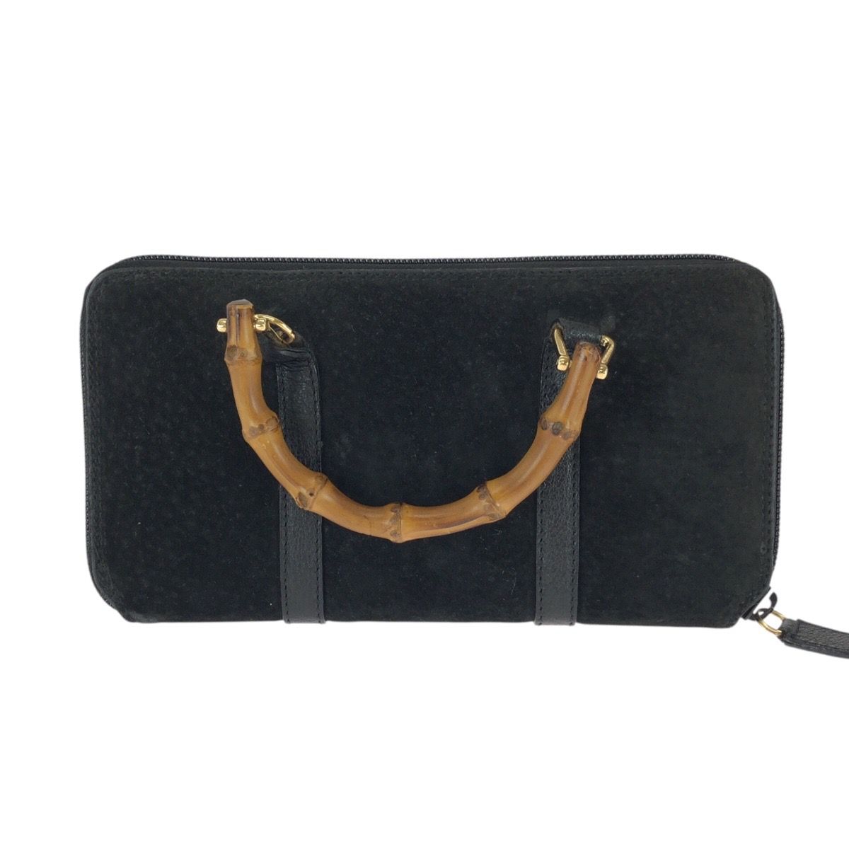 Gucci Vintage Bamboo 2-Way Black Gold Suede Leather Wallet on Chain Shoulder Bag — view 2