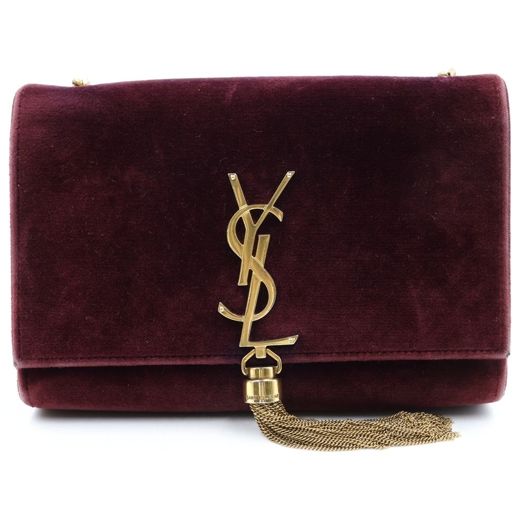Saint Laurent Paris Kate Velour Shoulder Bag Chain Wine Red Bordeaux Gold