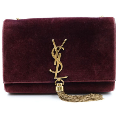 Saint Laurent Paris Kate Velour Shoulder Bag Chain Wine Red Bordeaux Gold