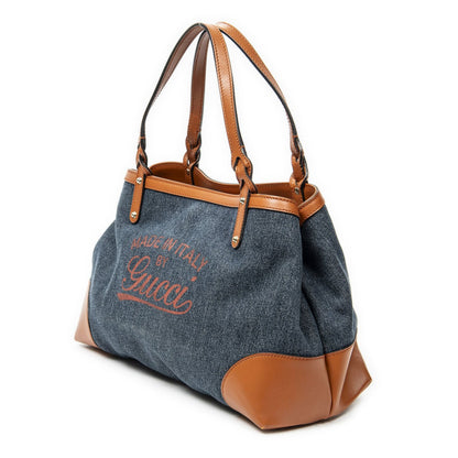 Gucci Midi Amcraft Tote Bag Blue Denim Brown Print Canvas — view 2