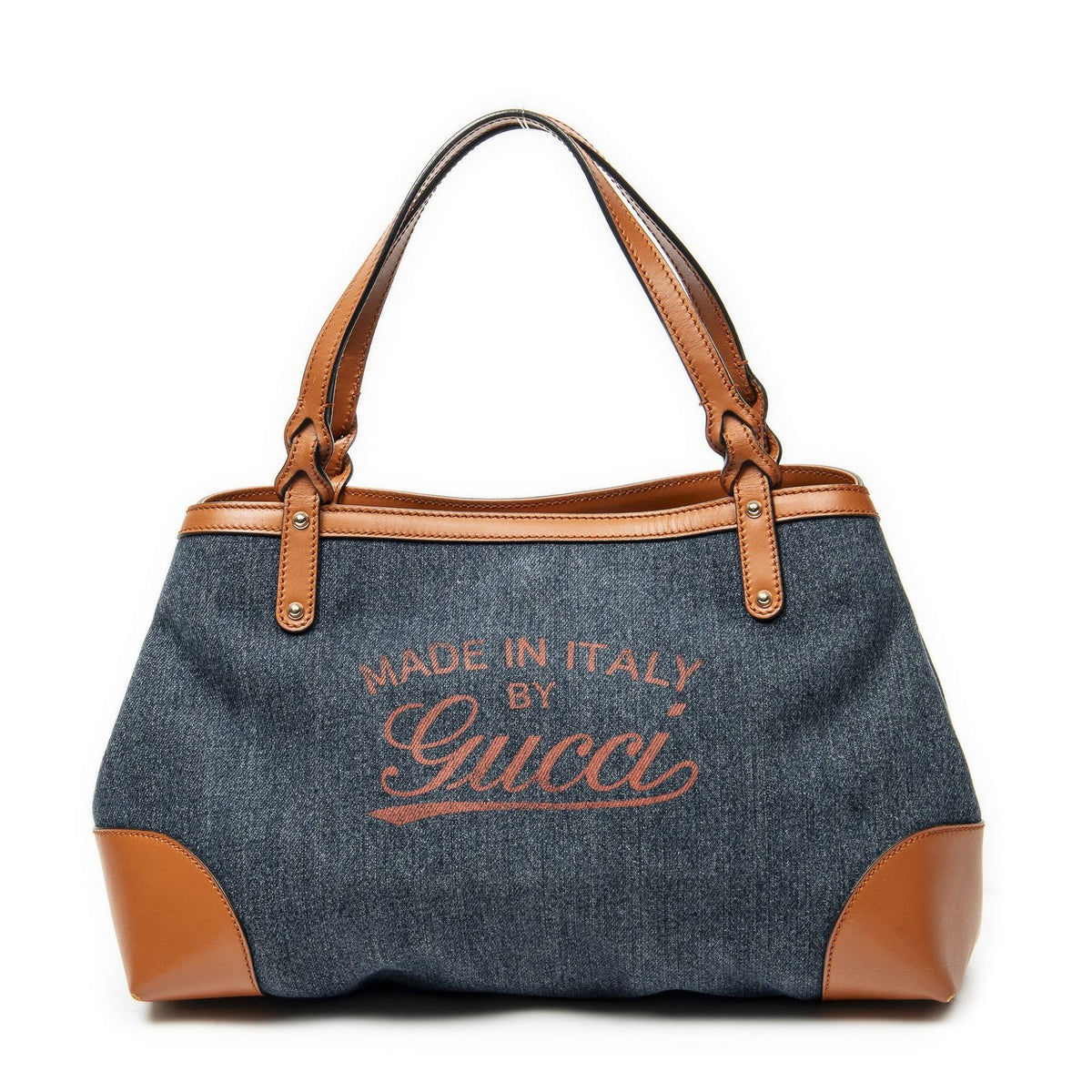 Gucci Midi Amcraft Tote Bag Blue Denim Brown Print Canvas