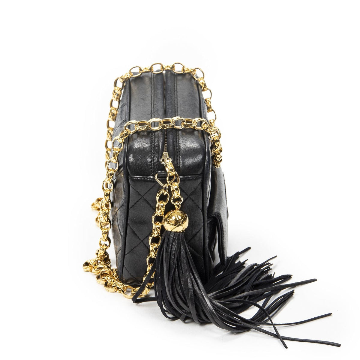 Chanel CC Logo Fringe Chain Shoulder Bag Black Quilted Lambskin Leather — view 4