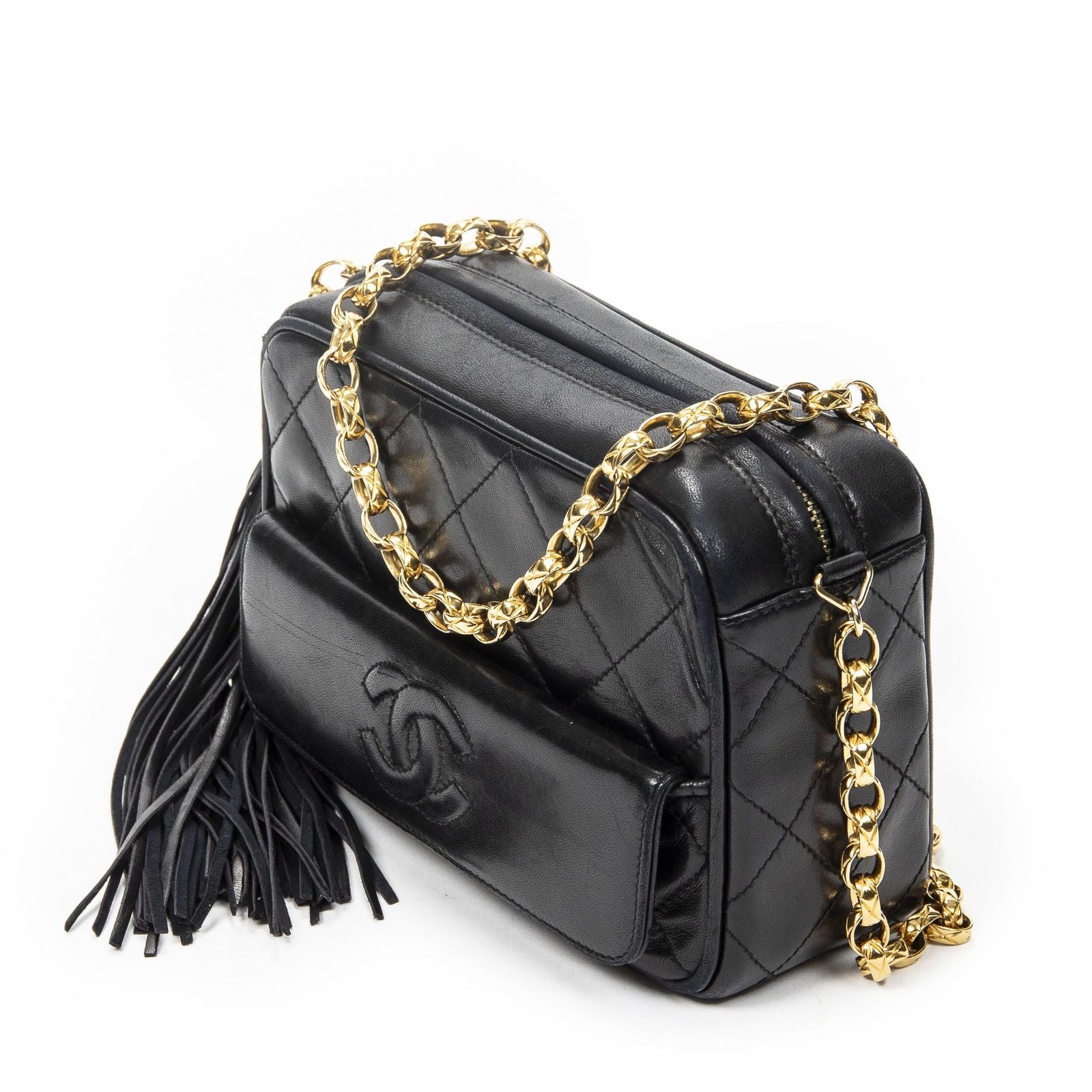 Chanel CC Logo Fringe Chain Shoulder Bag Black Quilted Lambskin Leather — view 2