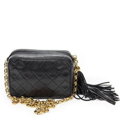 Chanel CC Logo Fringe Chain Shoulder Bag Black Quilted Lambskin Leather — view 5