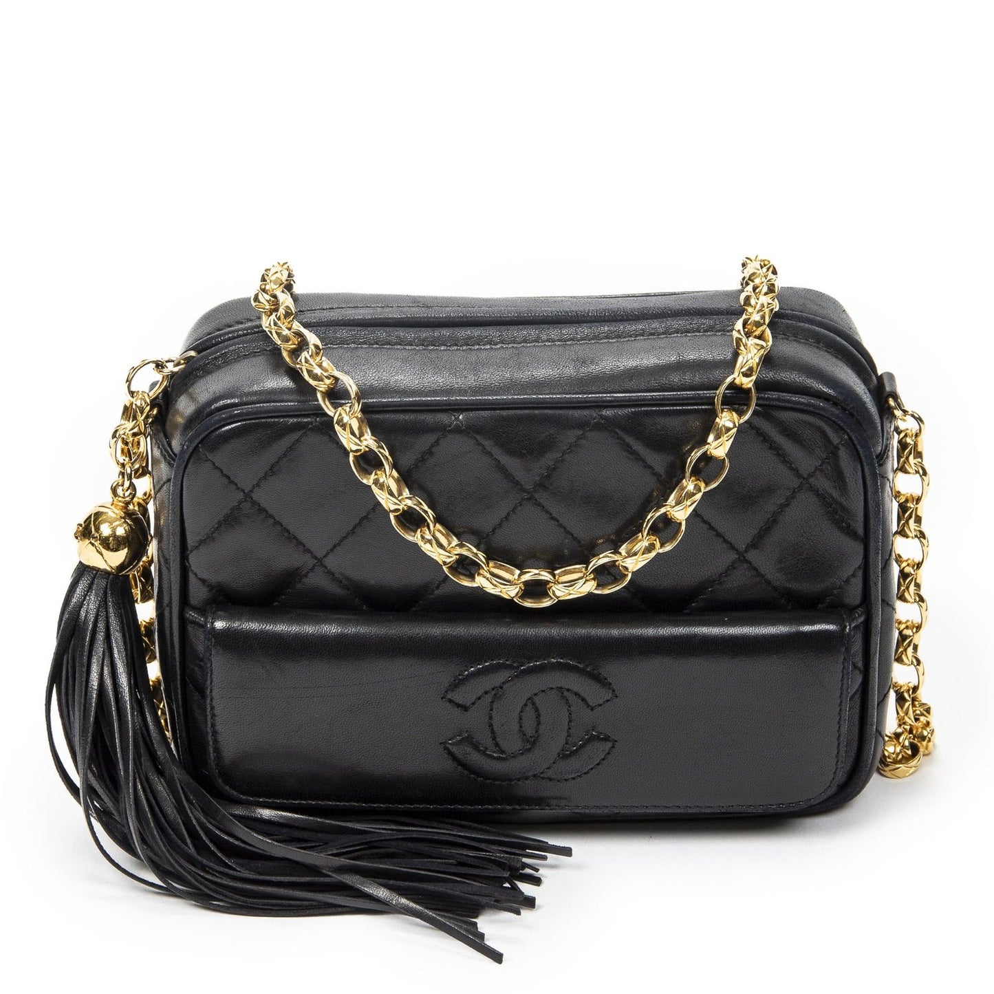 Chanel CC Logo Fringe Chain Shoulder Bag Black Quilted Lambskin Leather