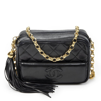 Chanel CC Logo Fringe Chain Shoulder Bag Black Quilted Lambskin Leather