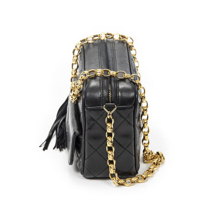 Chanel CC Logo Fringe Chain Shoulder Bag Black Quilted Lambskin Leather — view 3