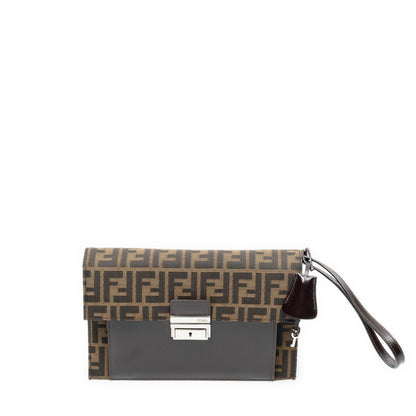 Fendi Push Lock Chain Flap Clutch Brown Black Zucca Canvas