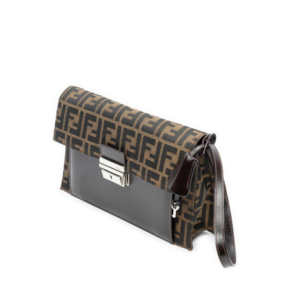 Fendi Push Lock Chain Flap Clutch Brown Black Zucca Canvas — view 2