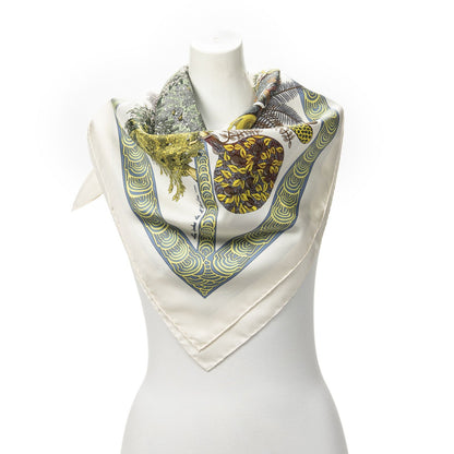 Hermes Scarf Ivory Green Silk