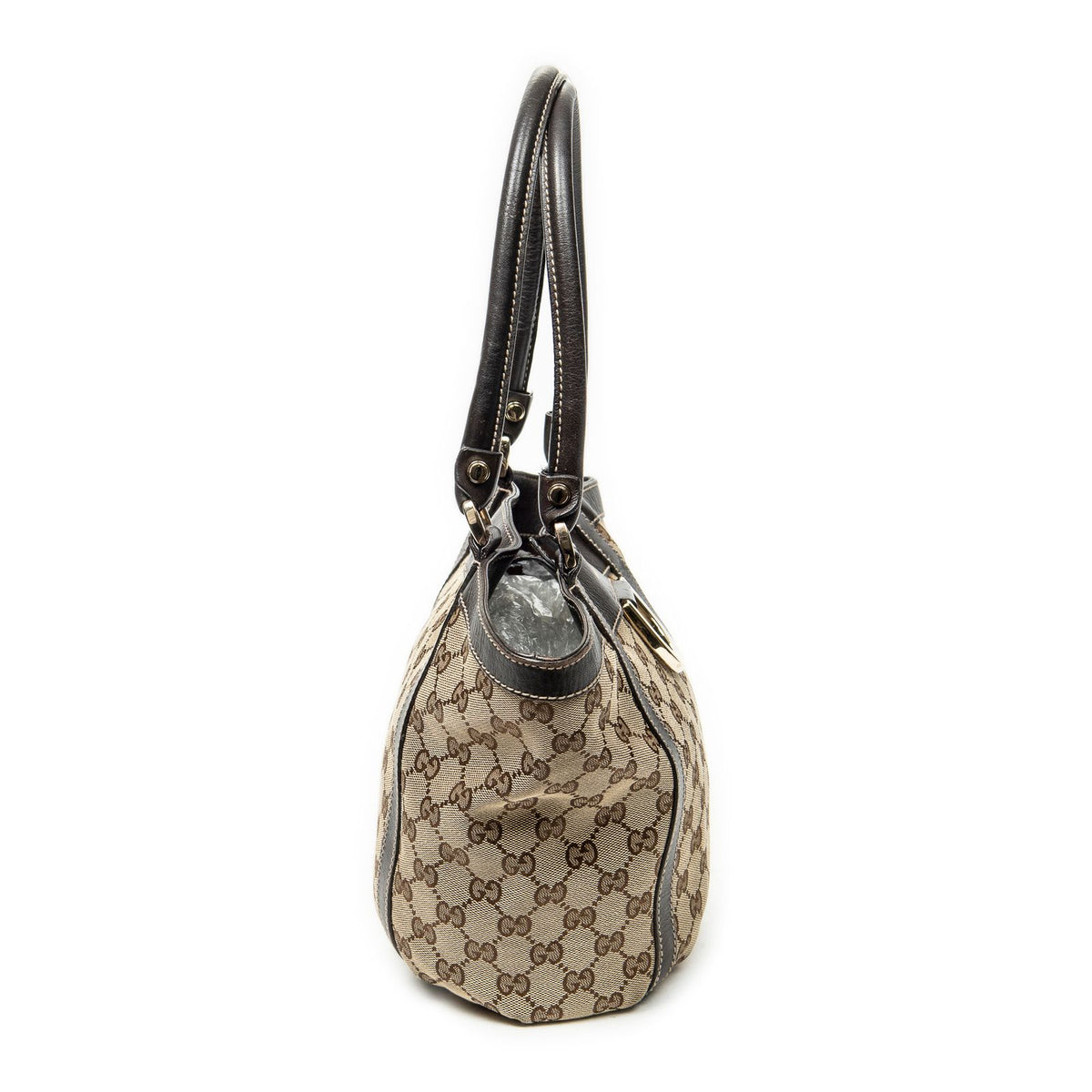 Gucci Small D Ring Bucket Tote Bag Dark Brown Beige GG Canvas — view 4
