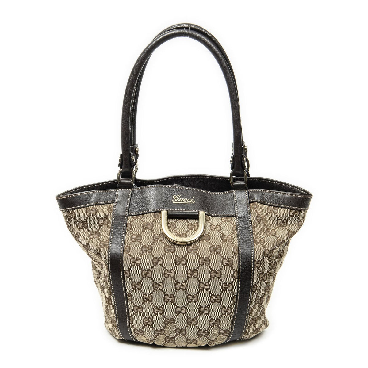 Gucci Small D Ring Bucket Tote Bag Dark Brown Beige GG Canvas