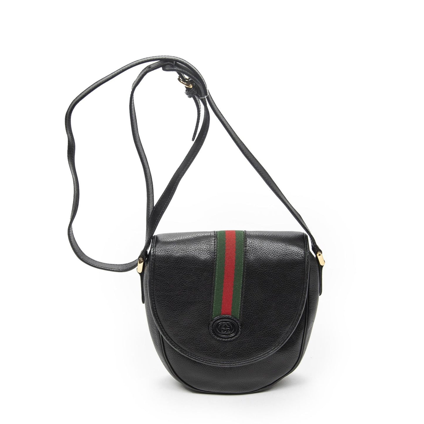 Gucci Vintage Flap Bag Crossbody Black Grain Calfskin Leather
