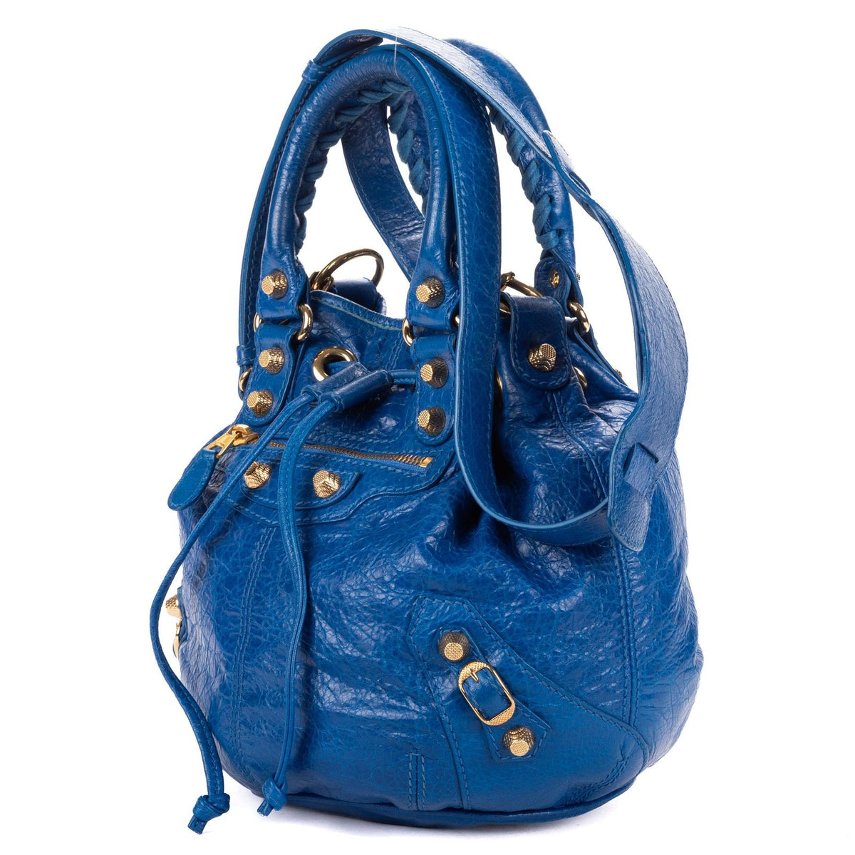 Balenciaga Pom Blue Distressed Calfskin Leather Shoulder Bag — view 2