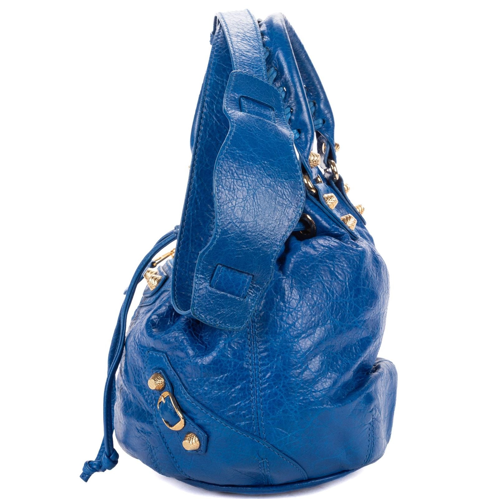 Balenciaga Pom Blue Distressed Calfskin Leather Shoulder Bag — view 3
