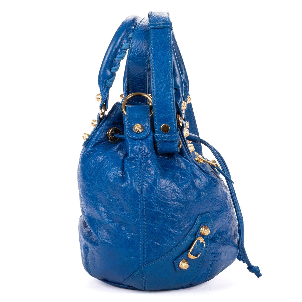 Balenciaga Pom Blue Distressed Calfskin Leather Shoulder Bag — view 4