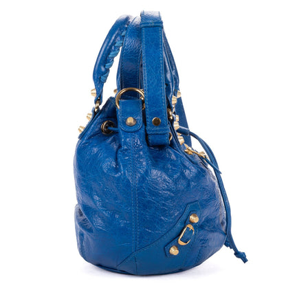 Balenciaga Pom Blue Distressed Calfskin Leather Shoulder Bag — view 4