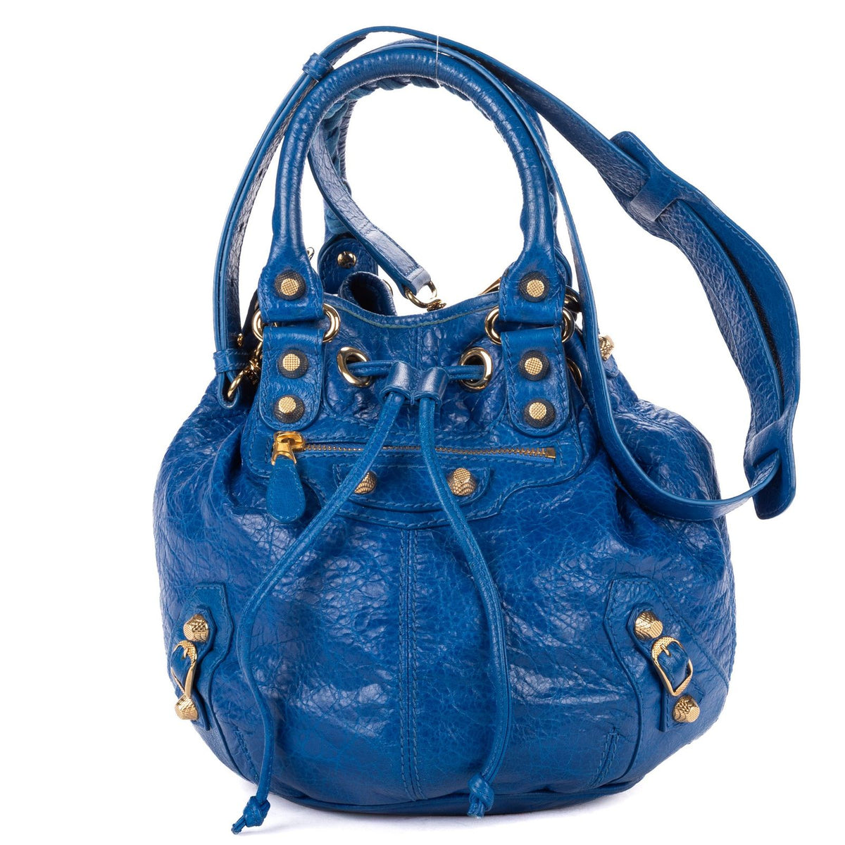 Balenciaga Pom Blue Distressed Calfskin Leather Shoulder Bag