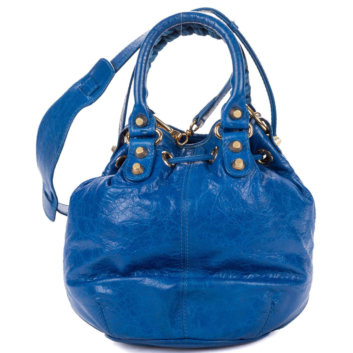 Balenciaga Pom Blue Distressed Calfskin Leather Shoulder Bag — view 5