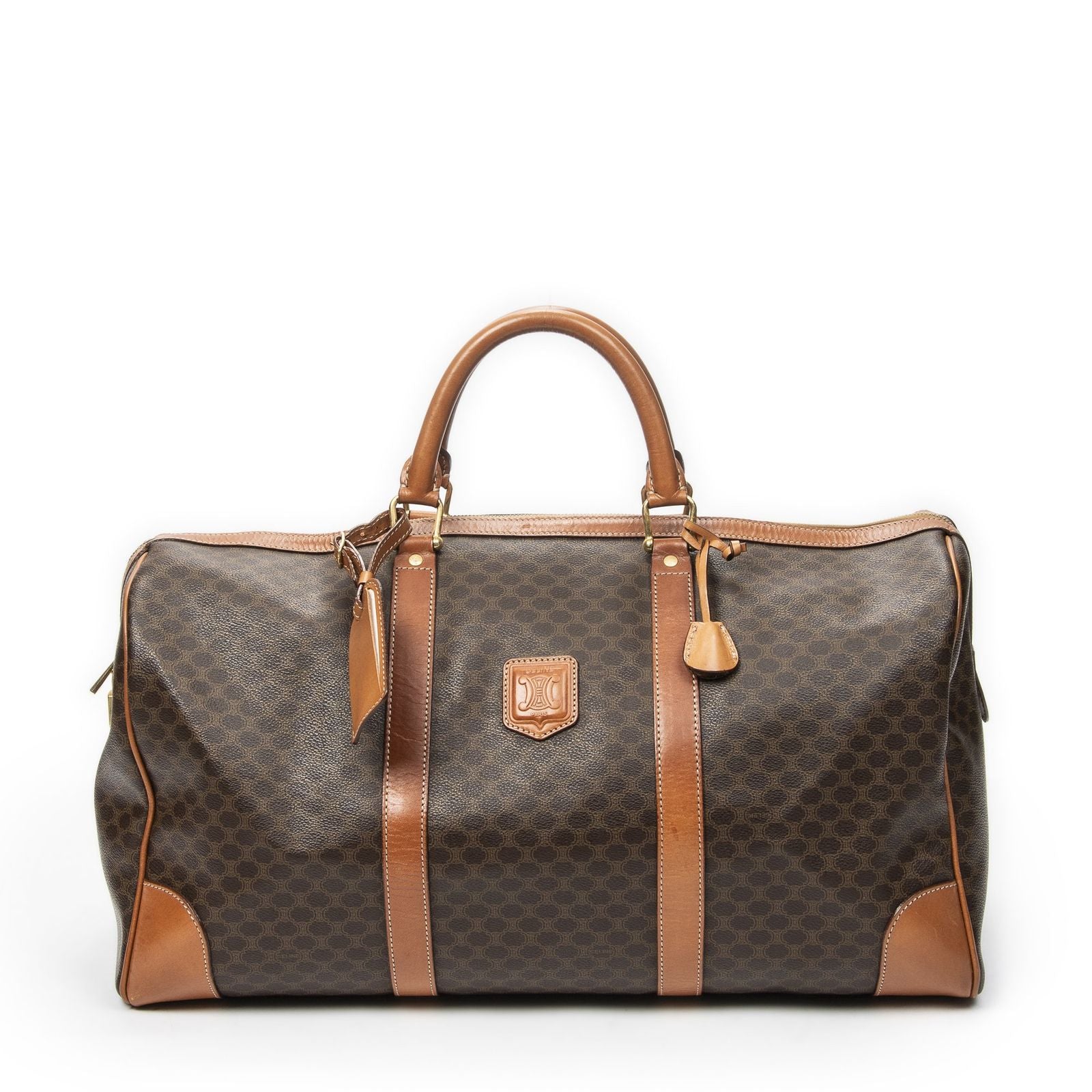 Celine Vintage Large Travel Boston Brown Macadam Canvas Handbag
