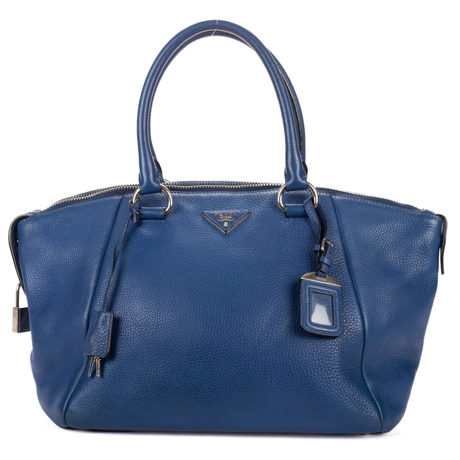 Prada Twin Pocket Double Handle Tote Bag Blue Vitello Dyno