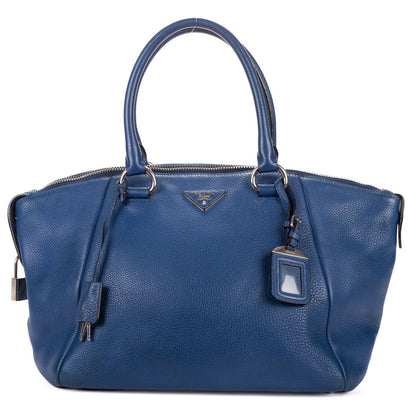 Prada Twin Pocket Double Handle Tote Bag Blue Vitello Dyno