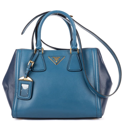 Prada Small Bicolor Galleria Open Tote Bag Blue Navy Saffiano Luxe Leather