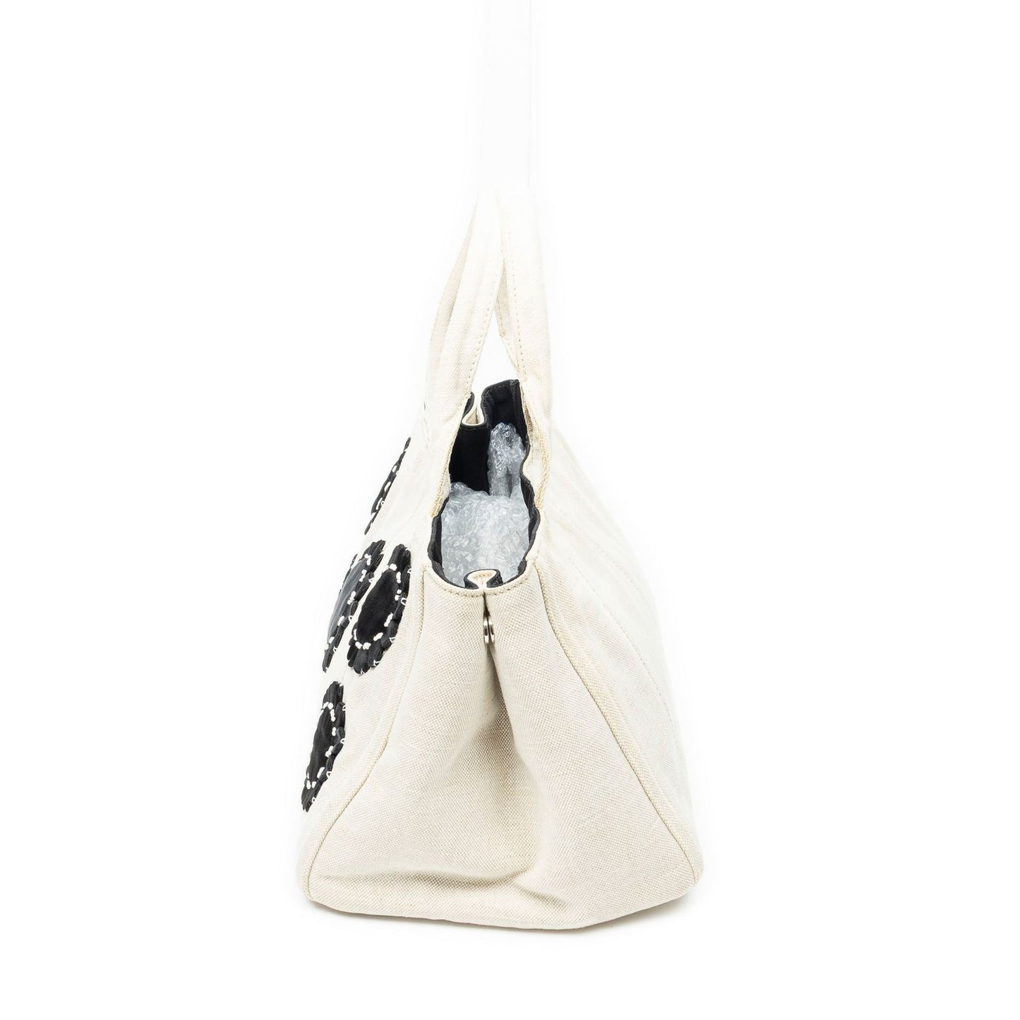Prada Medium Mistolino Canapa Tote Bag Ivory Black Embellished Canvas — view 3