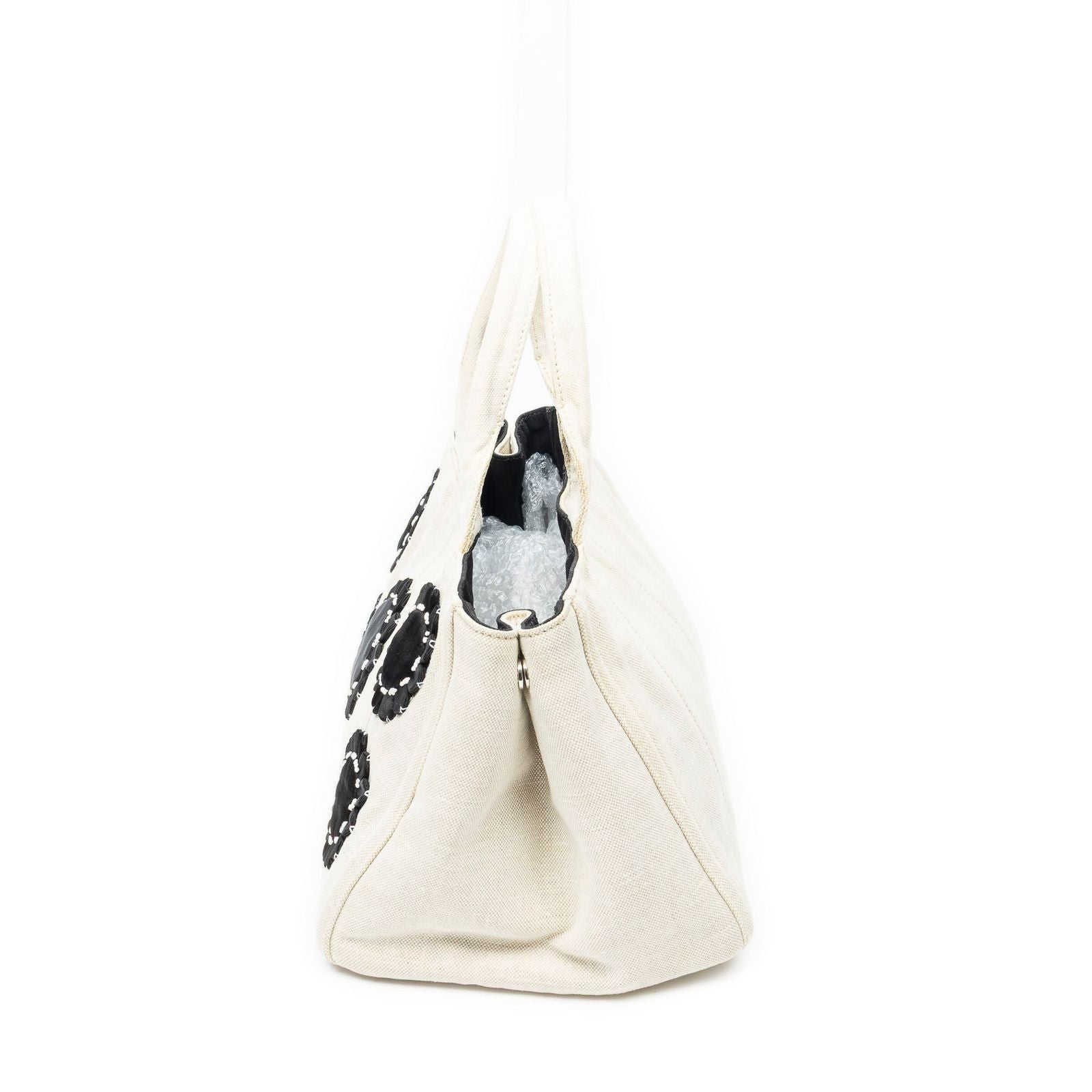 Prada Medium Mistolino Canapa Tote Bag Ivory Black Embellished Canvas — view 3