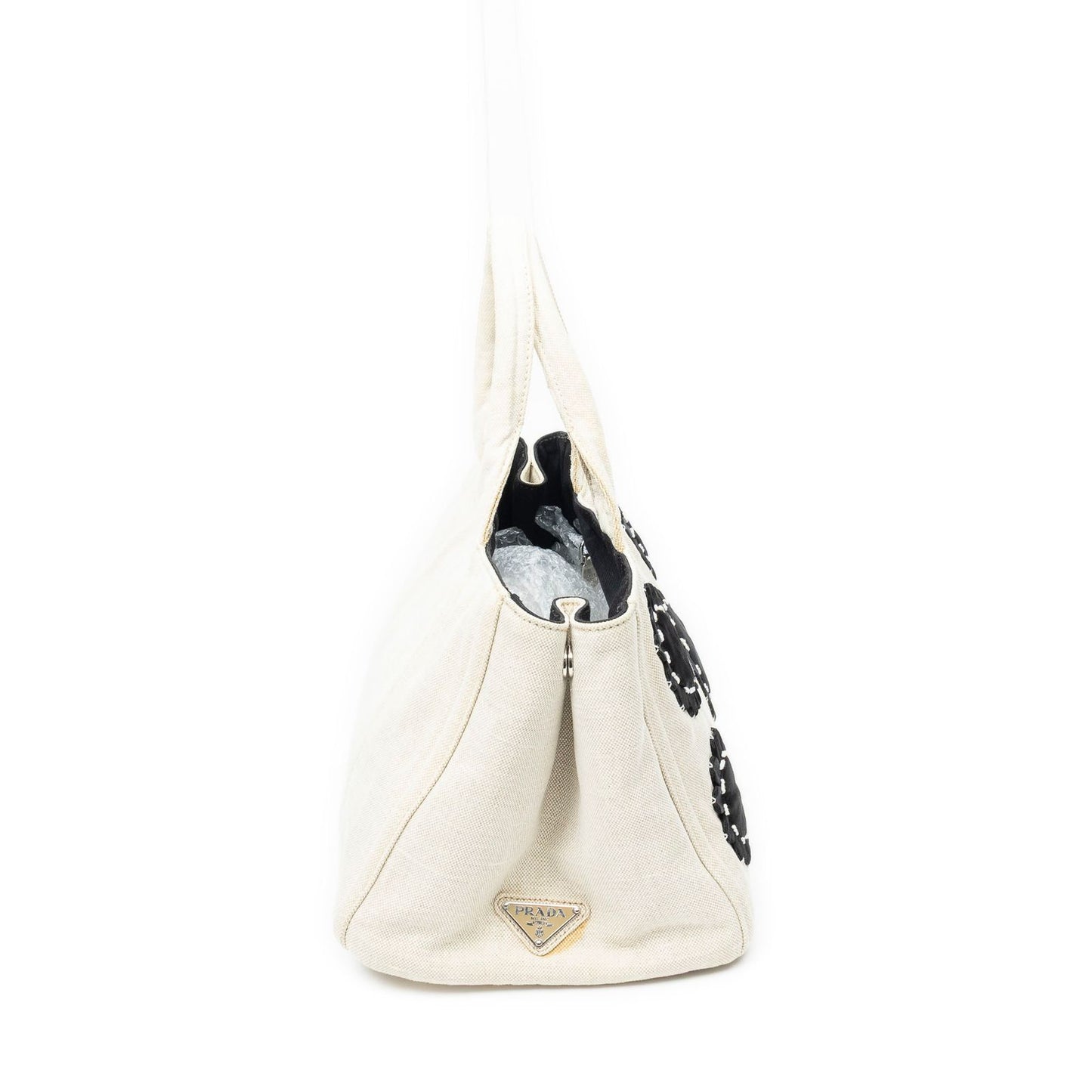 Prada Medium Mistolino Canapa Tote Bag Ivory Black Embellished Canvas — view 4