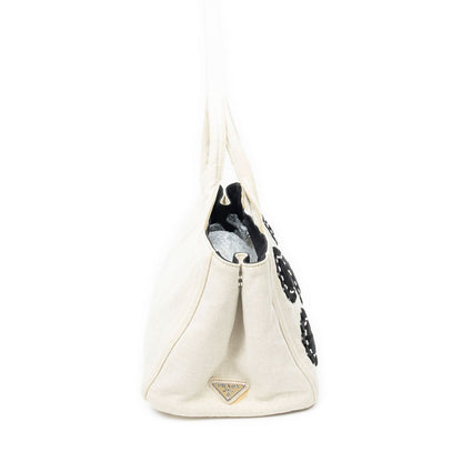 Prada Medium Mistolino Canapa Tote Bag Ivory Black Embellished Canvas — view 4