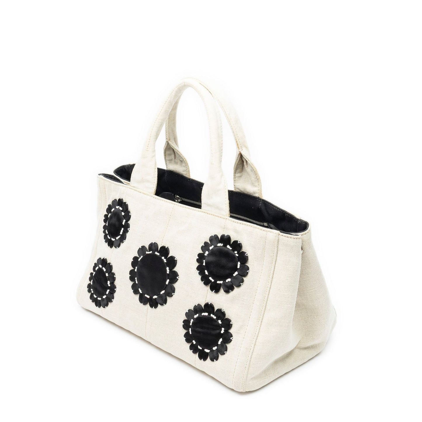 Prada Medium Mistolino Canapa Tote Bag Ivory Black Embellished Canvas — view 2
