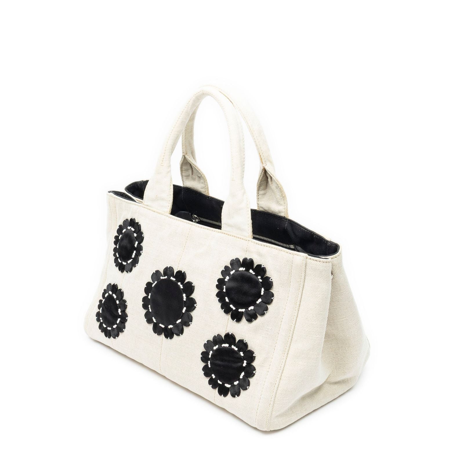 Prada Medium Mistolino Canapa Tote Bag Ivory Black Embellished Canvas — view 2