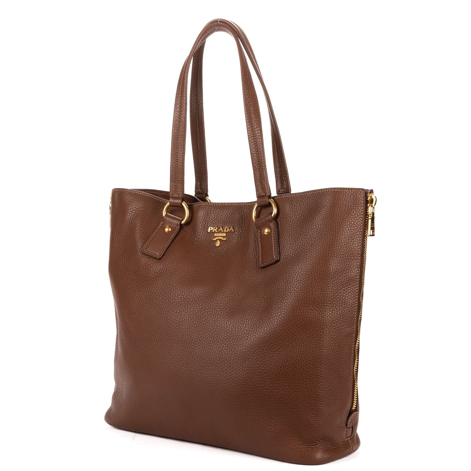 Prada Large Zip Tote Bag Brown Vitello Dyno — view 2