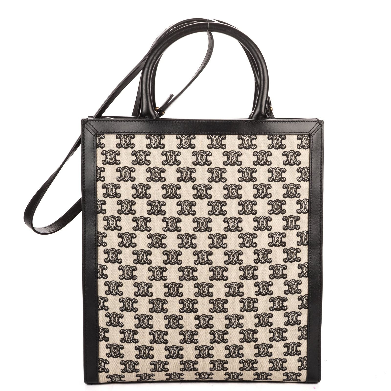 Celine Small Vertical Cabas Tote Bag Black Beige Woven Canvas Calfskin — view 5