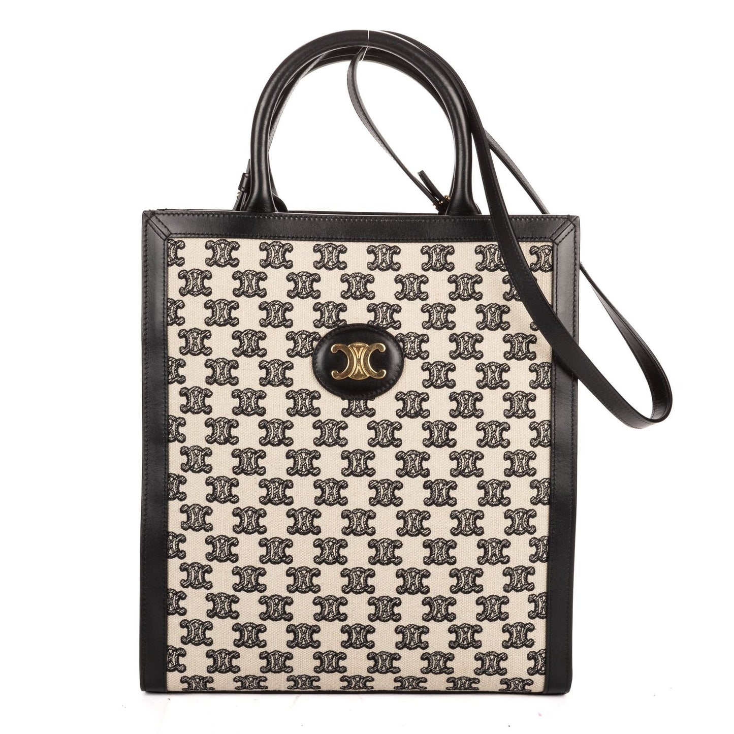 Celine Small Vertical Cabas Tote Bag Black Beige Woven Canvas Calfskin