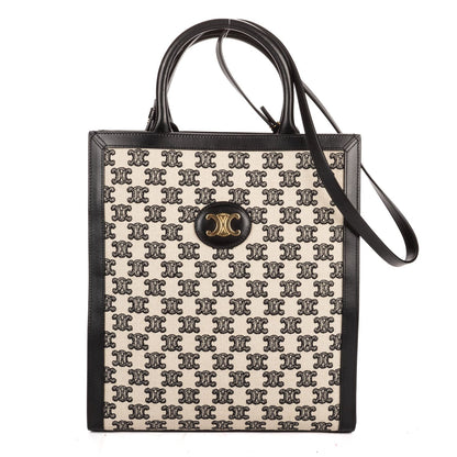 Celine Small Vertical Cabas Tote Bag Black Beige Woven Canvas Calfskin