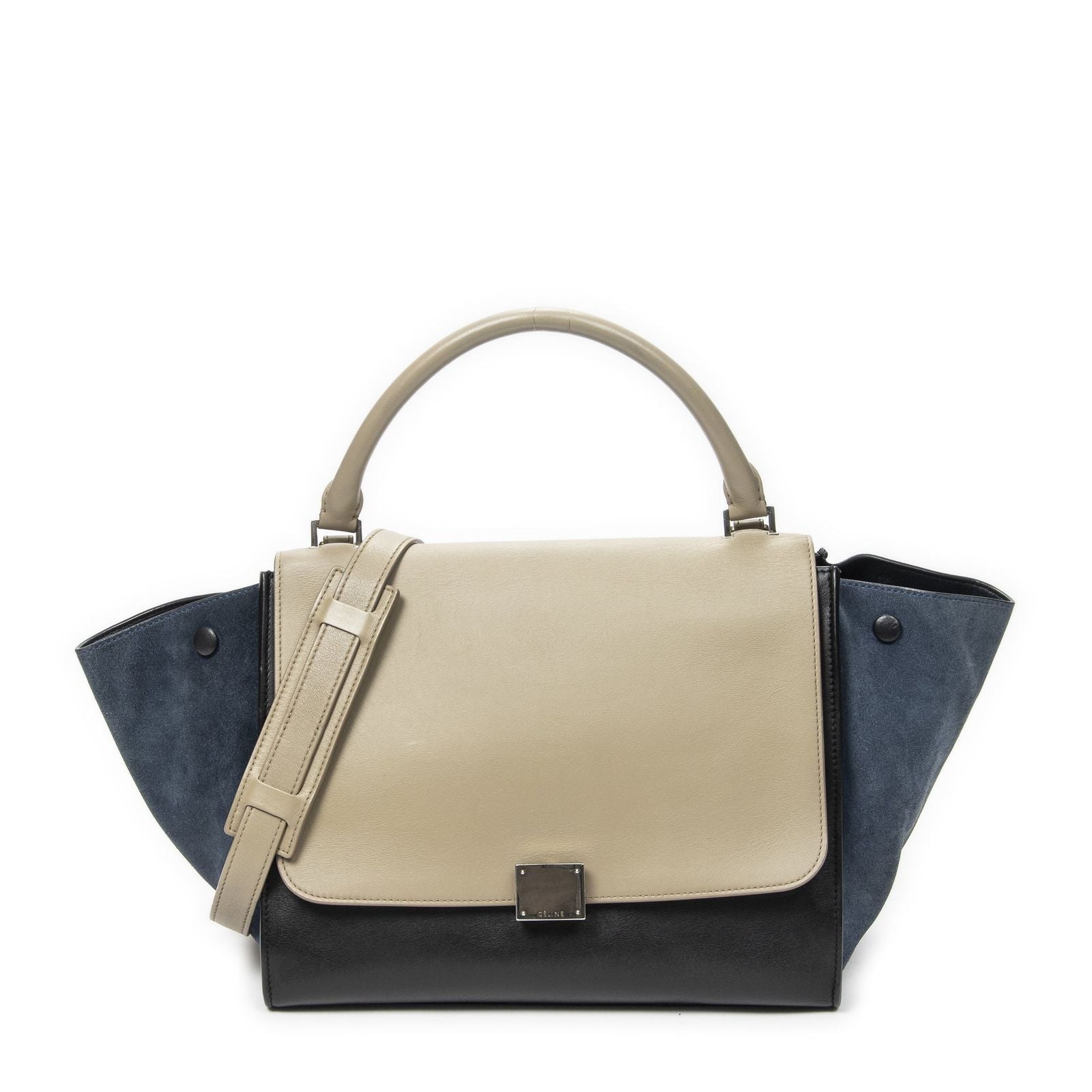 Celine Tricolor Trapeze Black Beige Blue Calfskin Leather Handbag
