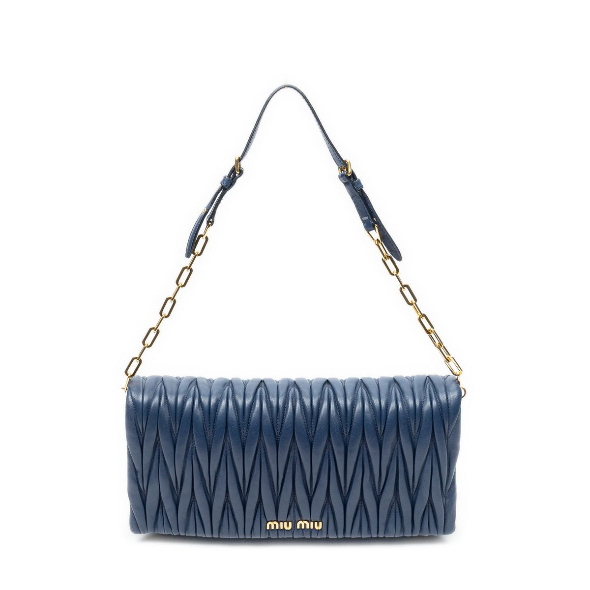 Miu Miu Chain Flap Clutch Navy Nappa Matelasse Leather