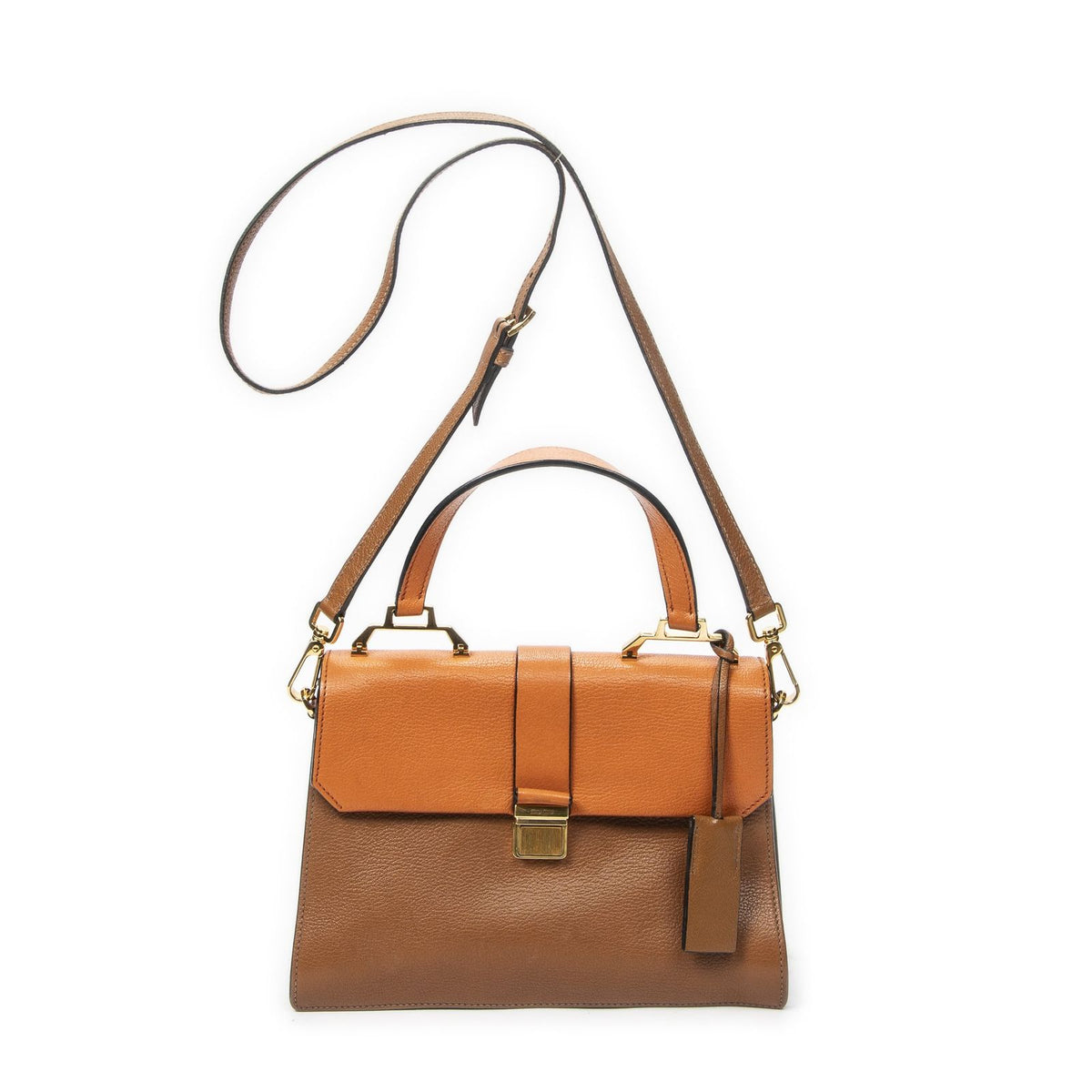Miu Miu Miupushlock Convertible Top Handle Tan Orange Madras Leather