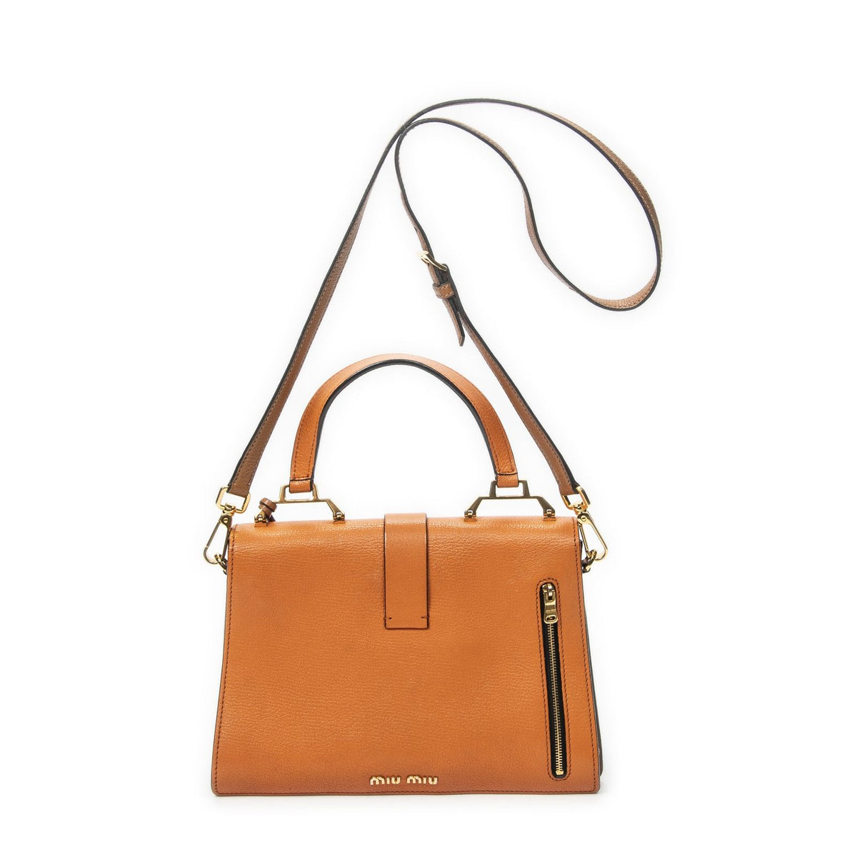 Miu Miu Miupushlock Convertible Top Handle Tan Orange Madras Leather — view 5