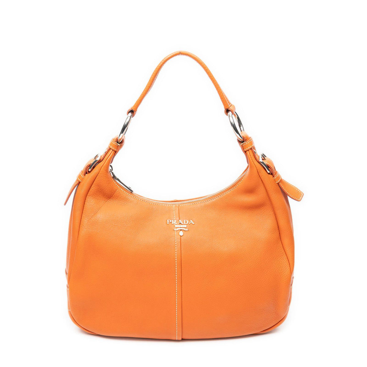 Prada Zip Hobo Orange Calfskin Leather